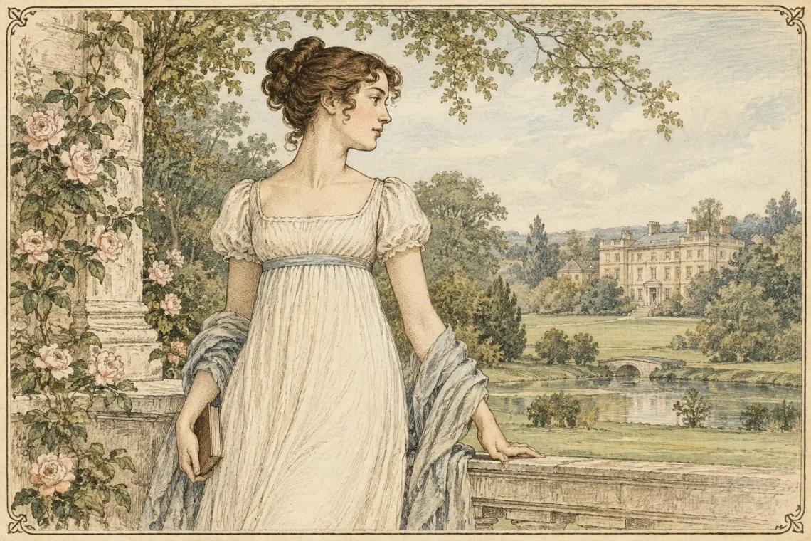 Regency-era illustration of a woman in an empire-waist dress overlooking a grand English country estate, inspired by the world of Jane Austen.