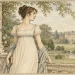 Regency-era illustration of a woman in an empire-waist dress overlooking a grand English country estate, inspired by the world of Jane Austen.